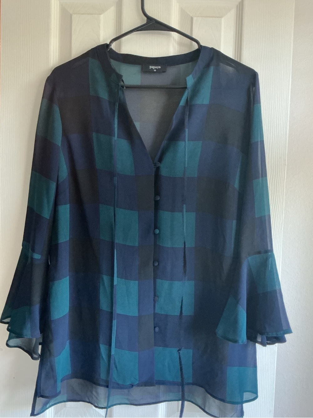 Papaya Teal and Navy Check Button-Front Blouse